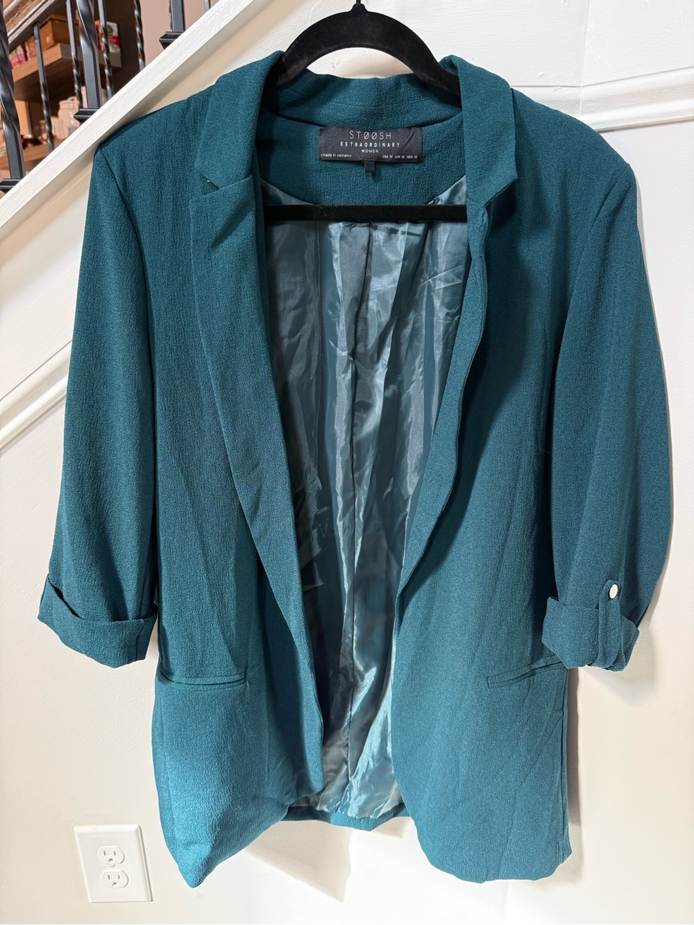 Stoosh Teal Open-Front Roll-Sleeve Blazer